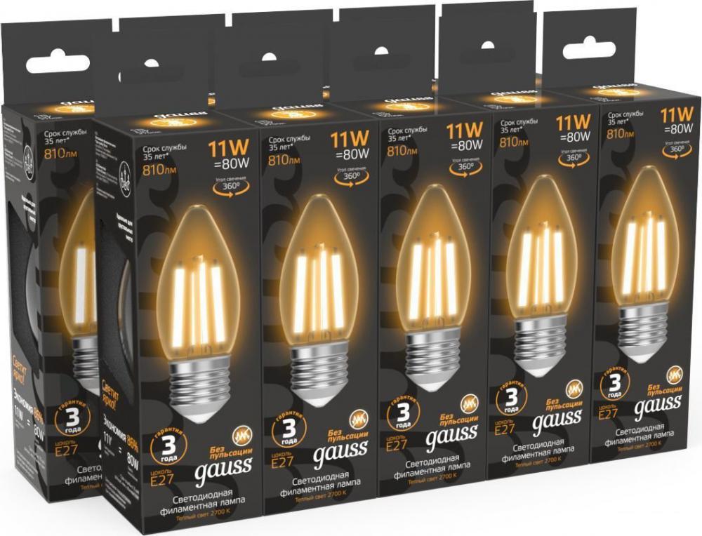 Светодиодная лампочка Gauss Filament Свеча 11W 810lm 2700К Е27 LED 1/10/50 103802111