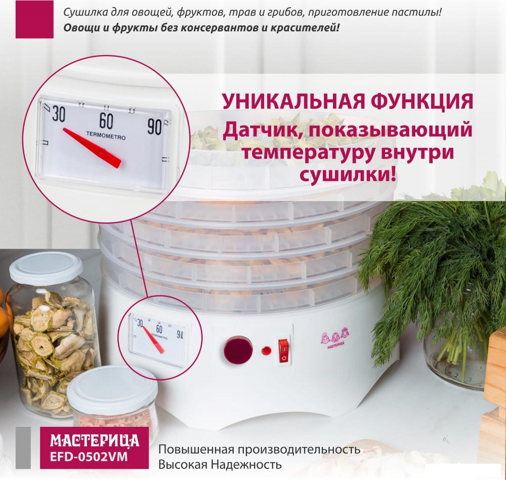 Сушилка для овощей и фруктов Мастерица EFD-0502VM (5 прозрачных поддонов и 1 поддон для пастилы)