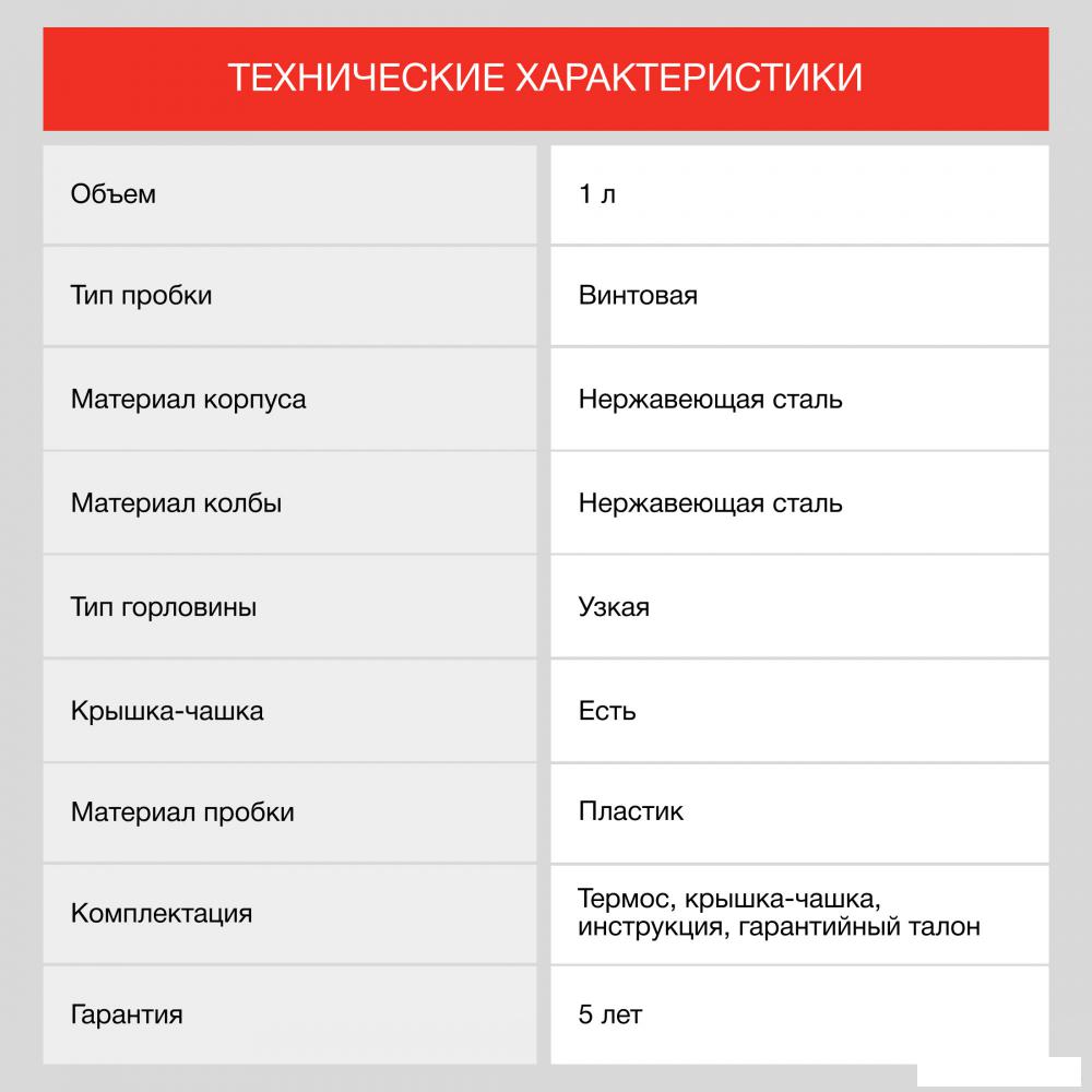 Термос StarWind 10-1000 1л (серебристый/красный)