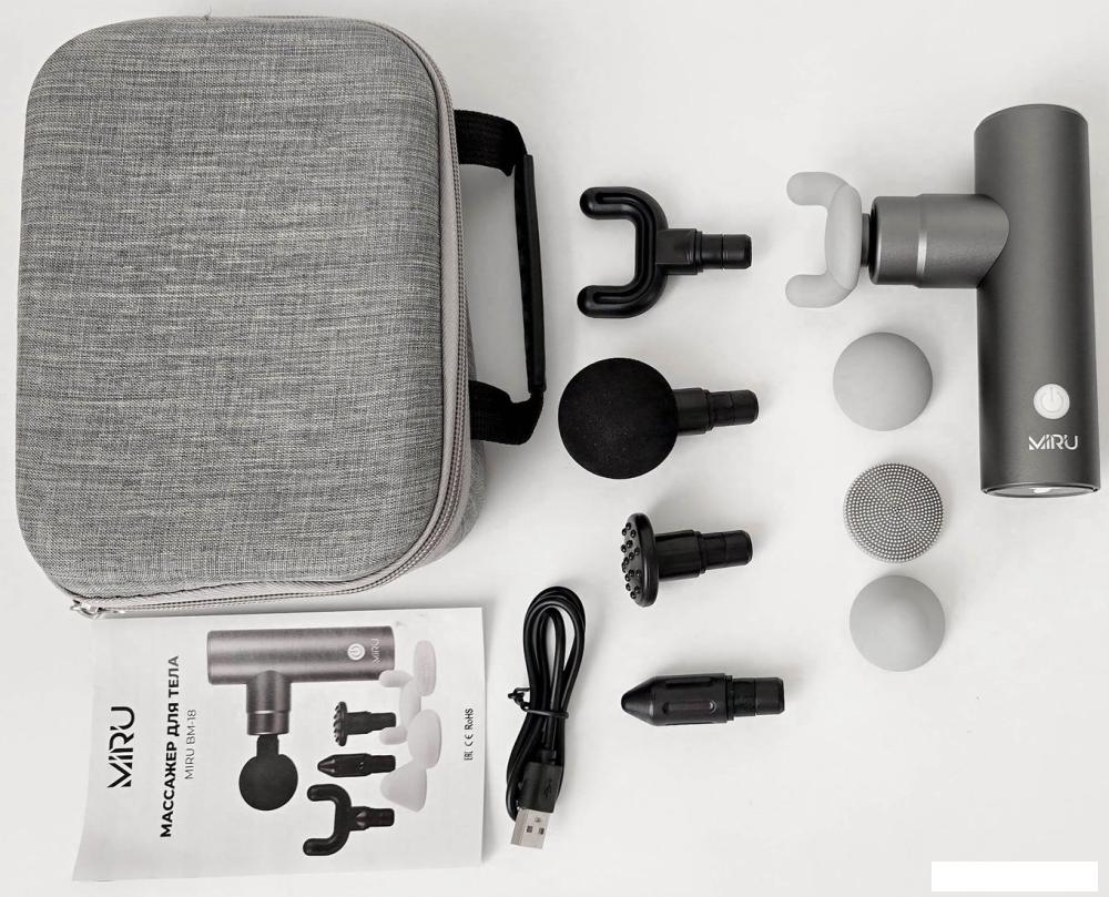 Перкуссионный массажер Miru BM-18 (8 насадок, серый)