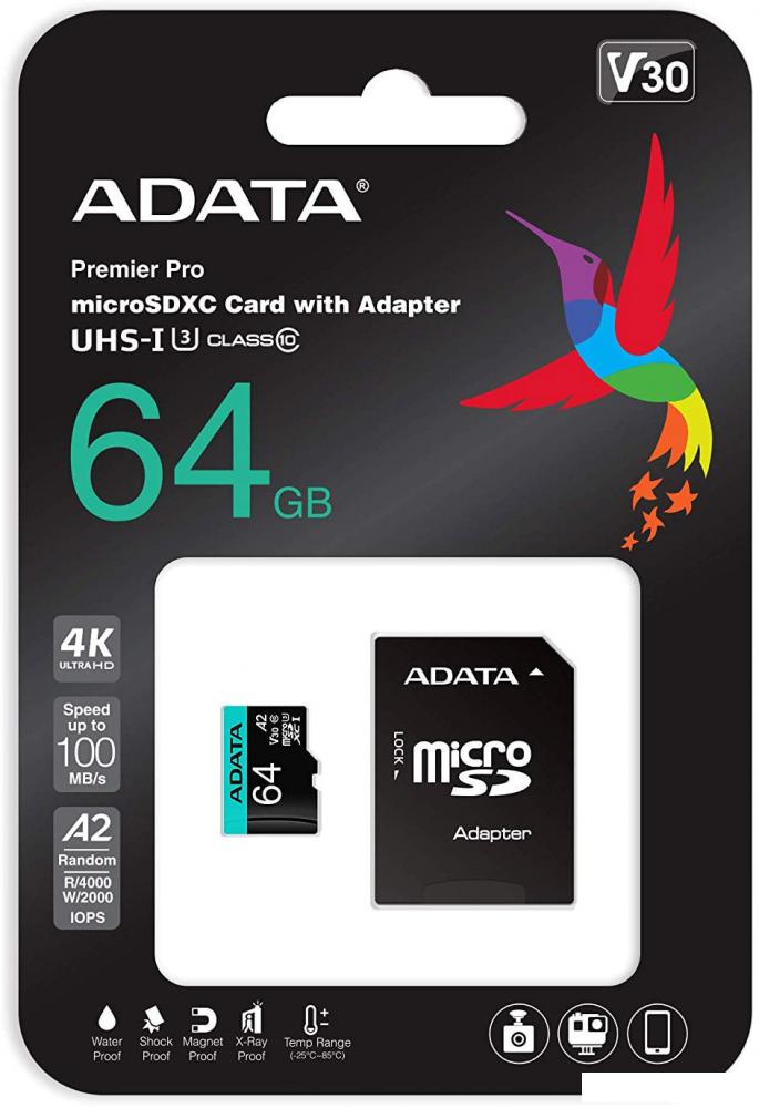 Карта памяти ADATA Premier Pro AUSDX64GUI3V30SA2-RA1 microSDXC 64GB (с адаптером) Карта памяти ADATA Premier Pro AUSDX64GUI3V30SA2-RA1 microSDXC 64GB (с адаптером)
