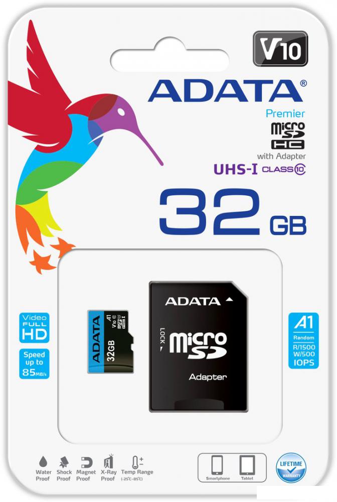 Карта памяти ADATA Premier AUSDH32GUICL10A1-RA1 microSDHC 32GB (с адаптером) Карта памяти ADATA Premier AUSDH32GUICL10A1-RA1 microSDHC 32GB (с адаптером)