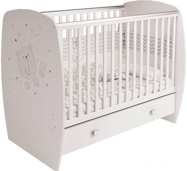 Классическая детская кроватка Polini Kids French 710, Teddy, с ящиком (белый)