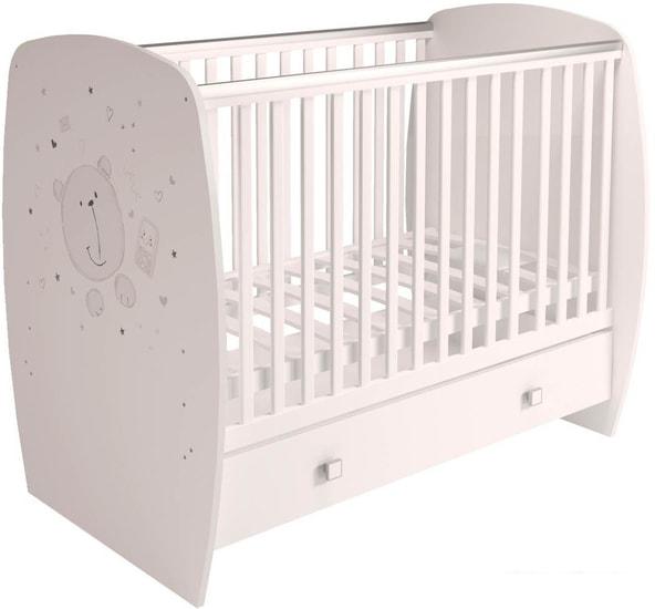 Классическая детская кроватка Polini Kids French 710, Teddy, с ящиком (белый)