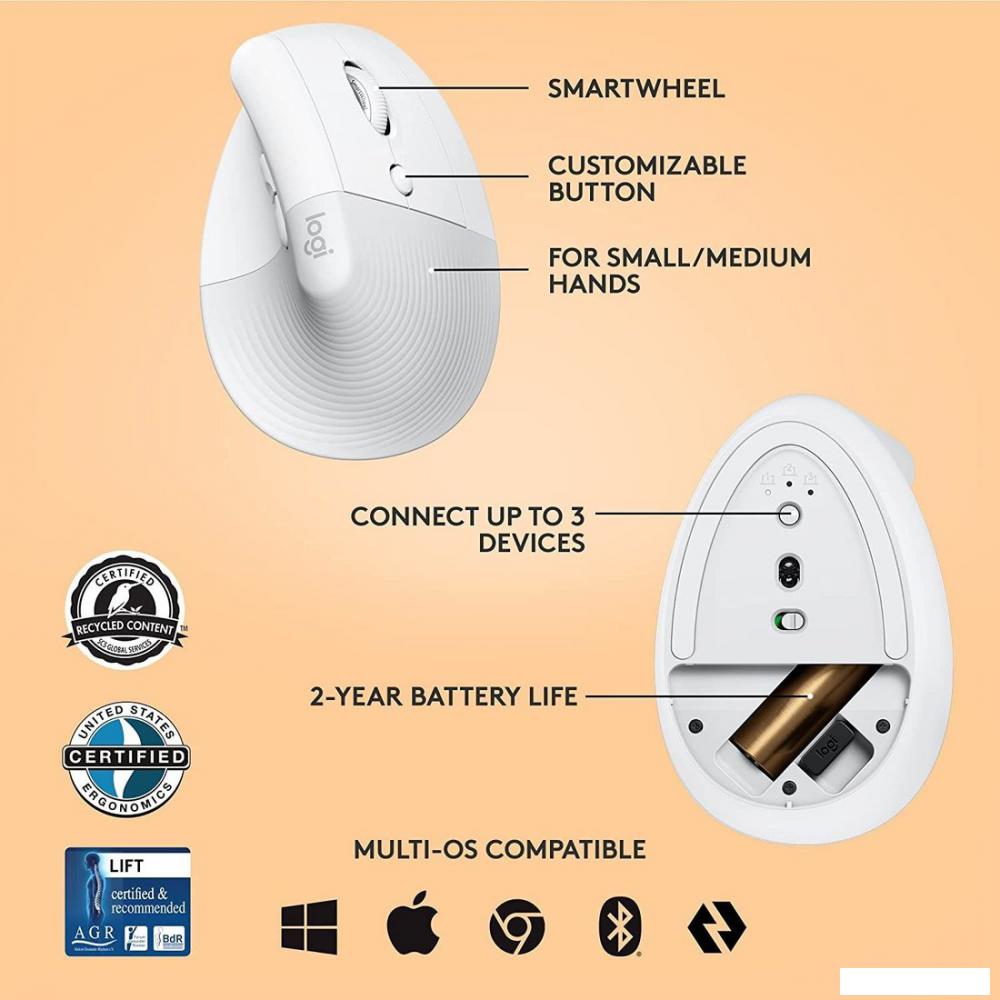 Вертикальная мышь Logitech Lift (белый)
