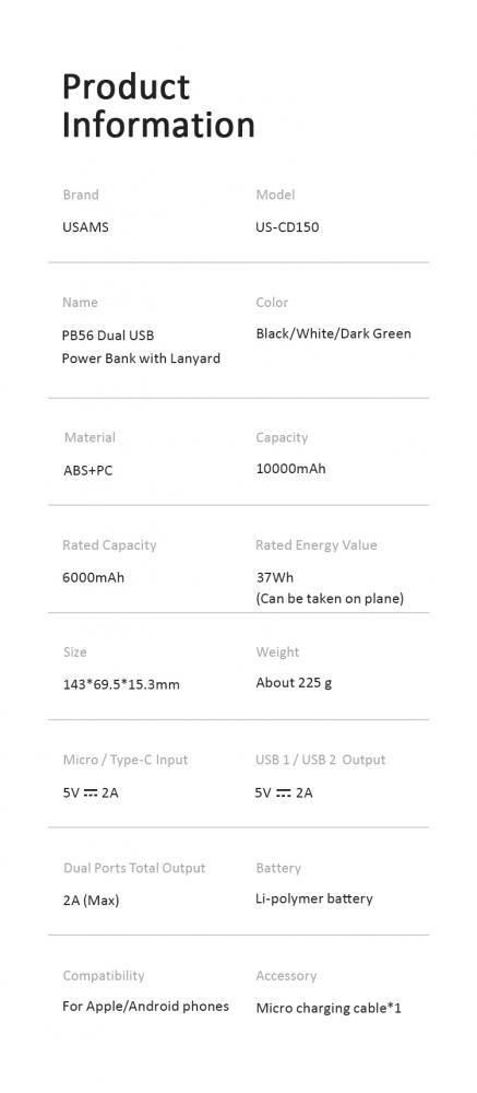 Портативные зарядные устройства Usams US-CD150 PB56 10000mAh (черный)