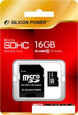 Карта памяти Silicon-Power microSDHC (Class 10) 16 Гб + адаптер (SP016GBSTH010V10-SP)