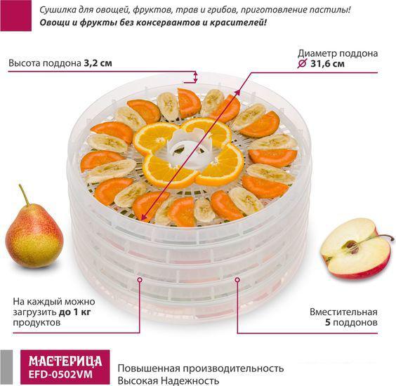 Сушилка для овощей и фруктов Мастерица EFD-0502VM (5 прозрачных поддонов и 1 поддон для пастилы)