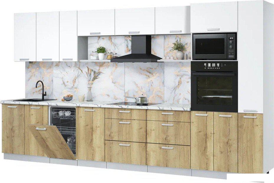 Готовая кухня Интерлиния Мила Лайт 3.8-ПМ3 (белый платинум/дуб золотой/белый гранит)