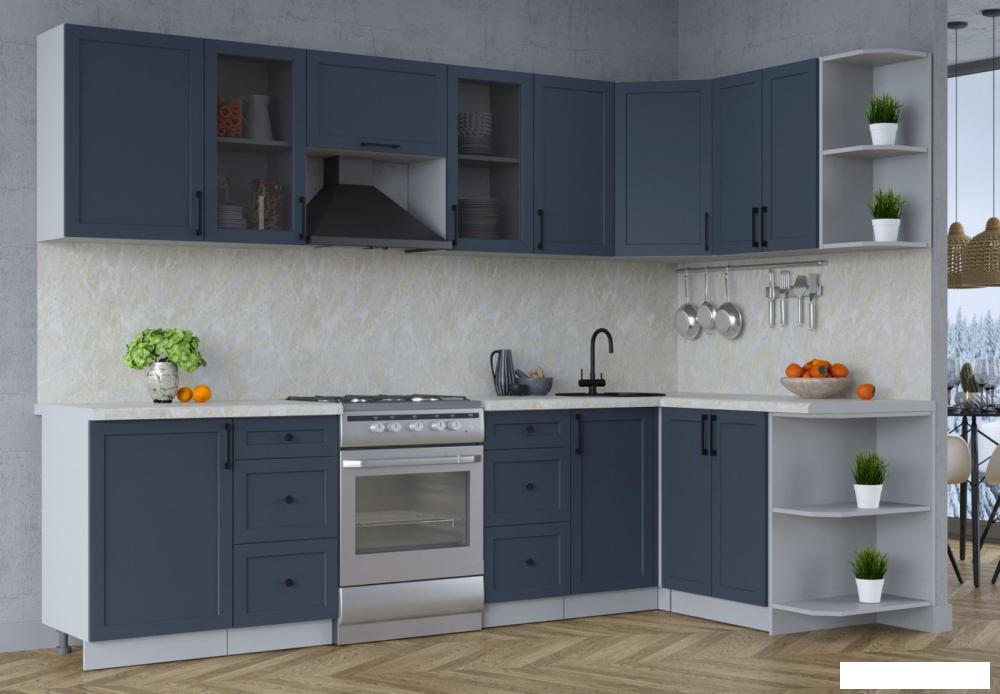 Готовая кухня Интерлиния Тренд 1.5x2.9 правая (индиго/индиго/опал светлый)